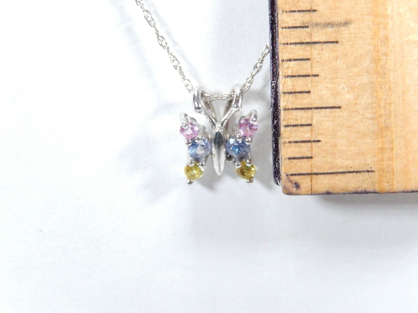 14K White Gold Multi Color Topaz Butterfly Pendant with/19"10K WG Chain