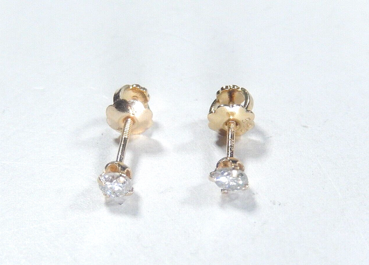 14K Solid Gold Round Baby CZ Screw Back Earrings Children Studs 3.5MM