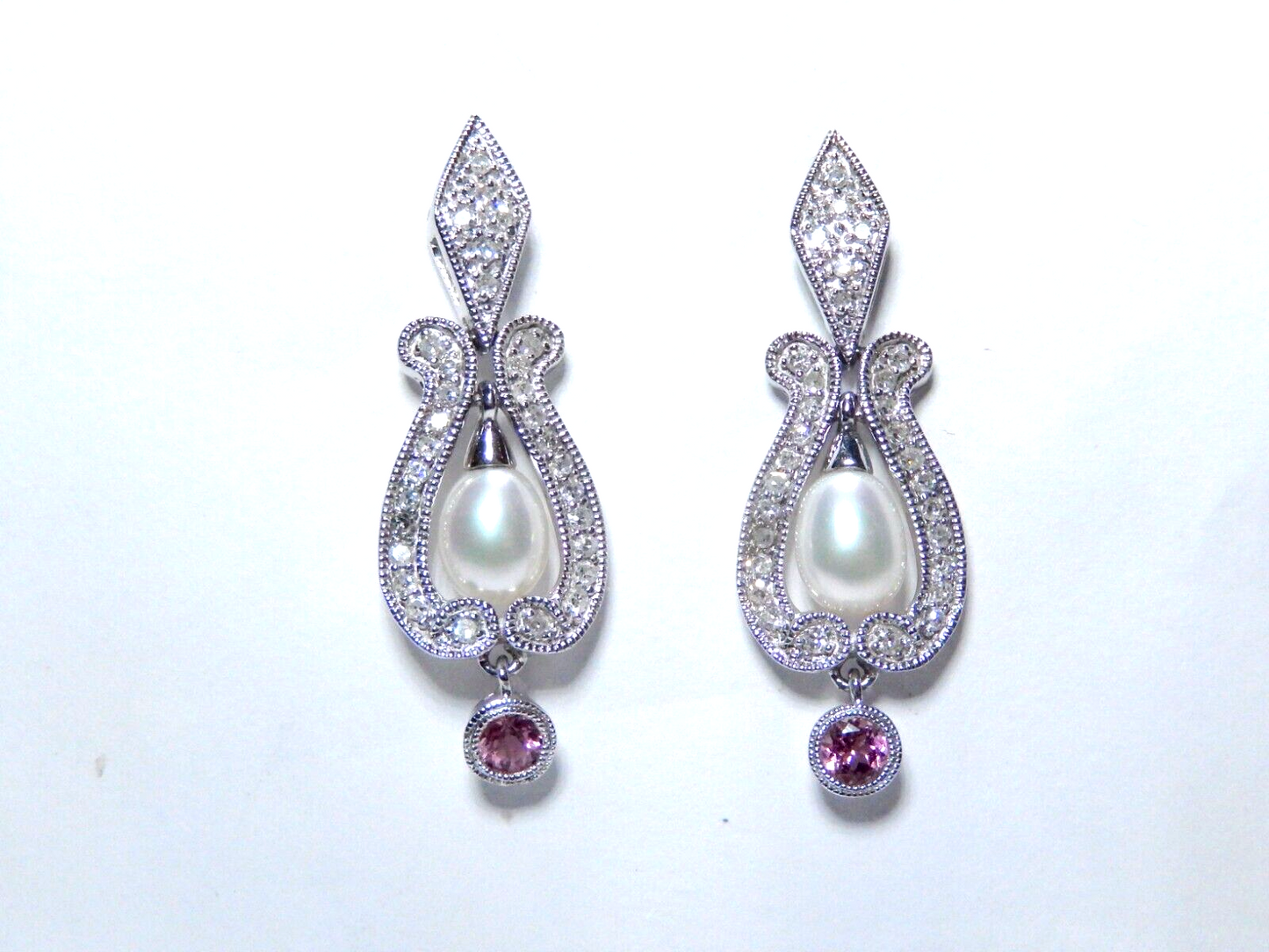 Beautiful 14K White Gold Pearl & Amethyst & .50 CT  Diamond Drop/Dangle Earrings