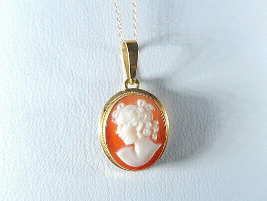 Vintage 18k Yellow Gold Carved Shell Cameo Pendant 5/8" x 1/2" W / 18" 10k Chain