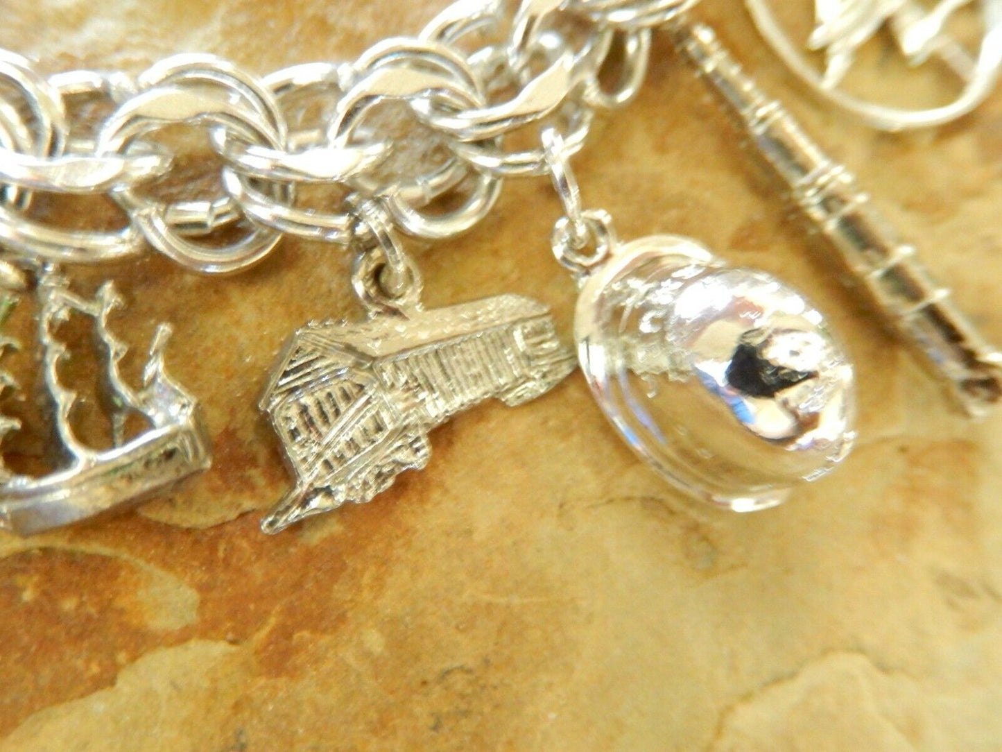 *VINTAGE *  JB Sterling Silver Heavy Dbl Link Charm Bracelet & 14 Mixed Charms