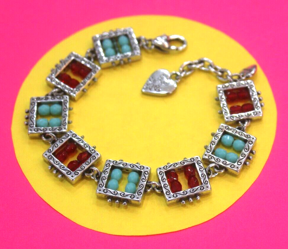 RETIRED BRIGHTON "BEADAZZELED" RED & TURQUOISE BLUE CRYSTAL BRACELET