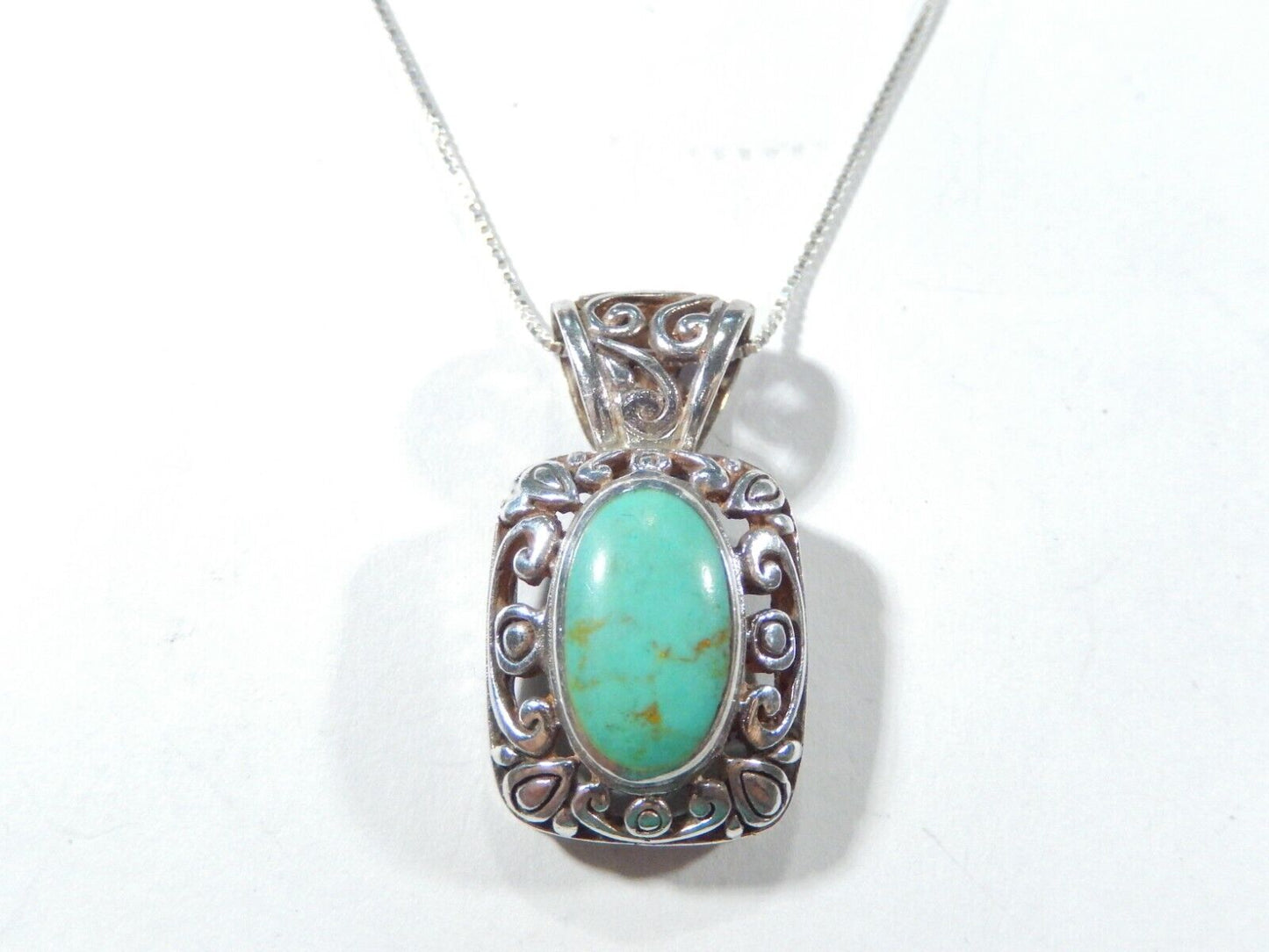 *VINTAGE*  Southwest 925 Sterling Silver 1.25" Turquoise Pendant w/18" Chain