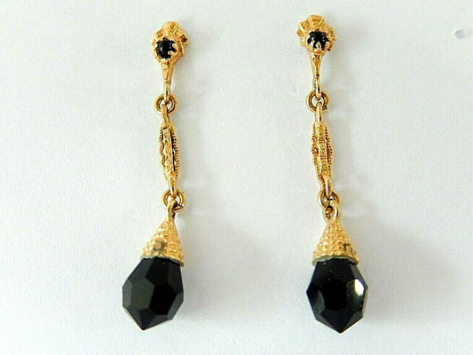 *NWT* 14K YELLOW GOLD BLACK ONYX DANGLE EARRINGS 1.5" TALL