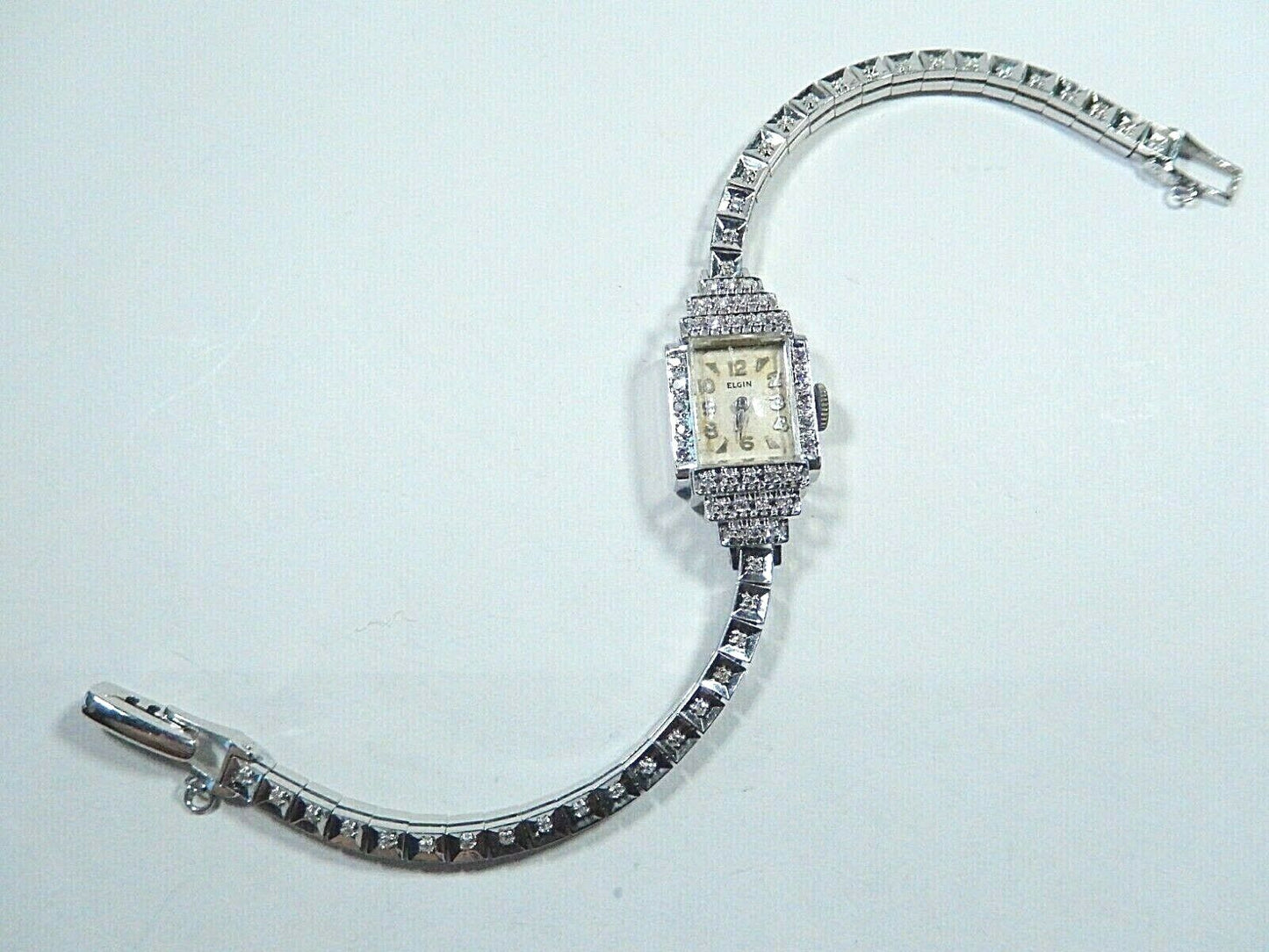 *VINTAGE* ELGIN Ladies 14K White Gold 70 Diamond Wristwatch W/Diamond 14K Band