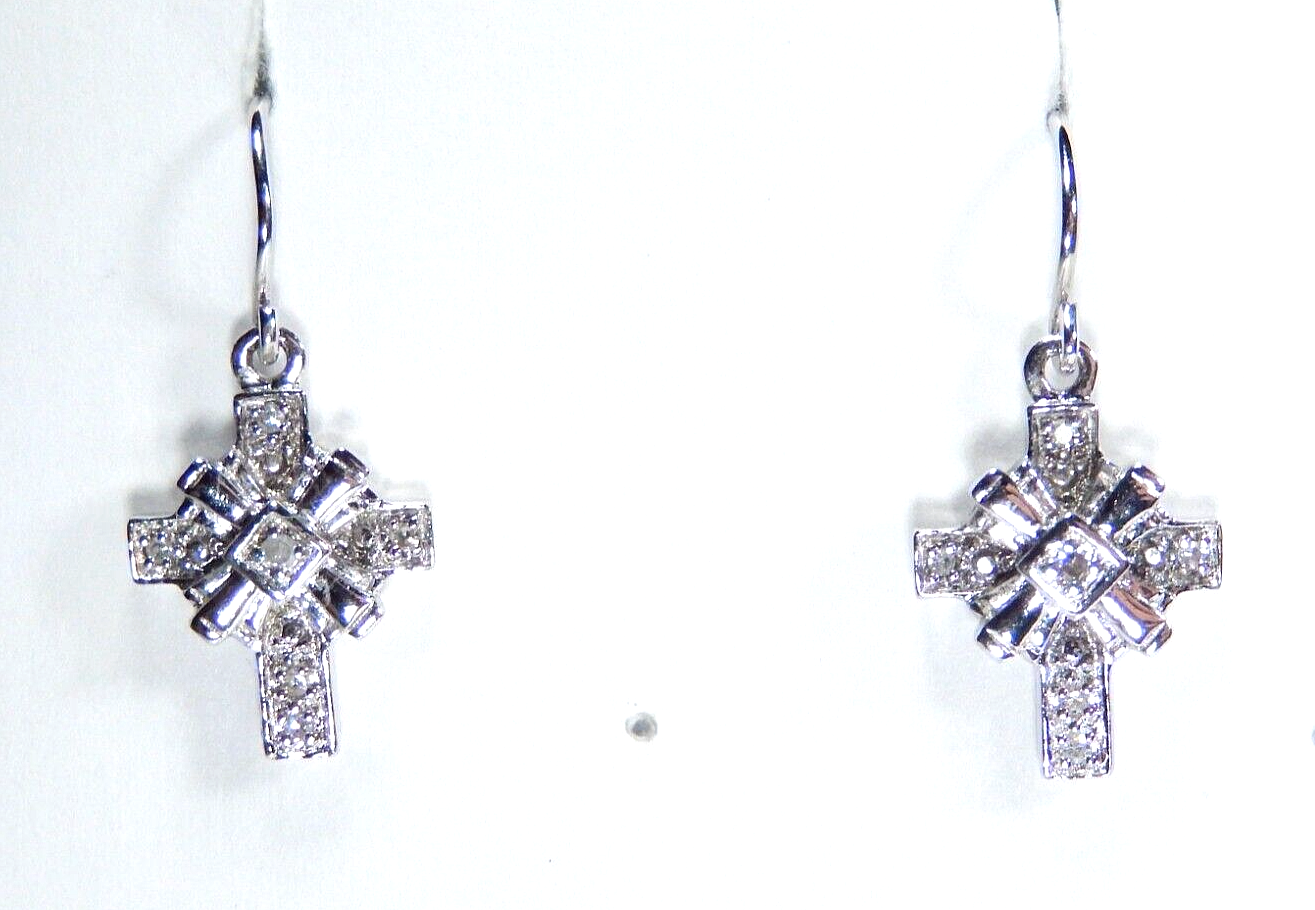 *VINTAGE*  14K White Gold Natural Diamond Cross Drop Dangle Hook Earrings