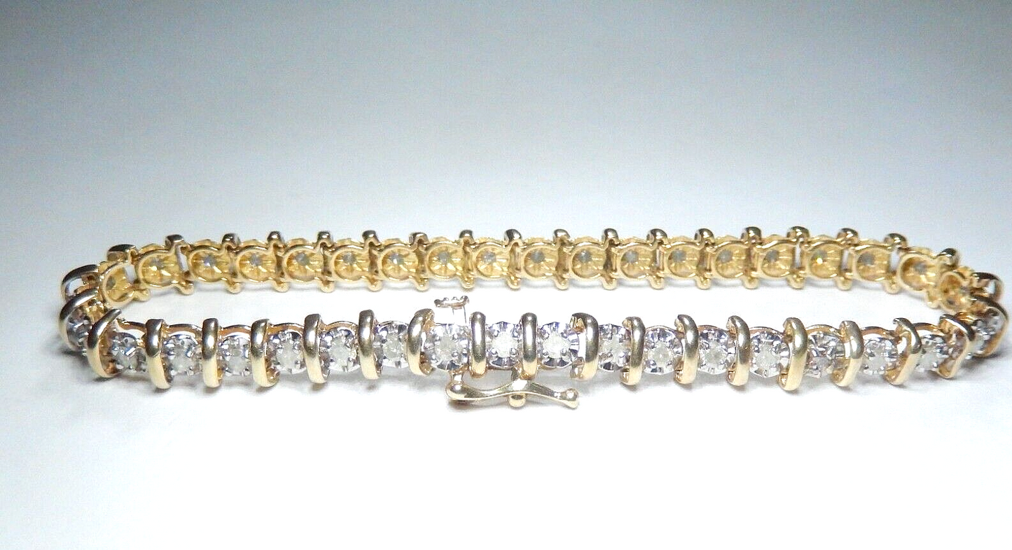 10k Yellow Gold 1.50CT 39 Round Diamond Bar Tennis Bracelet 7"