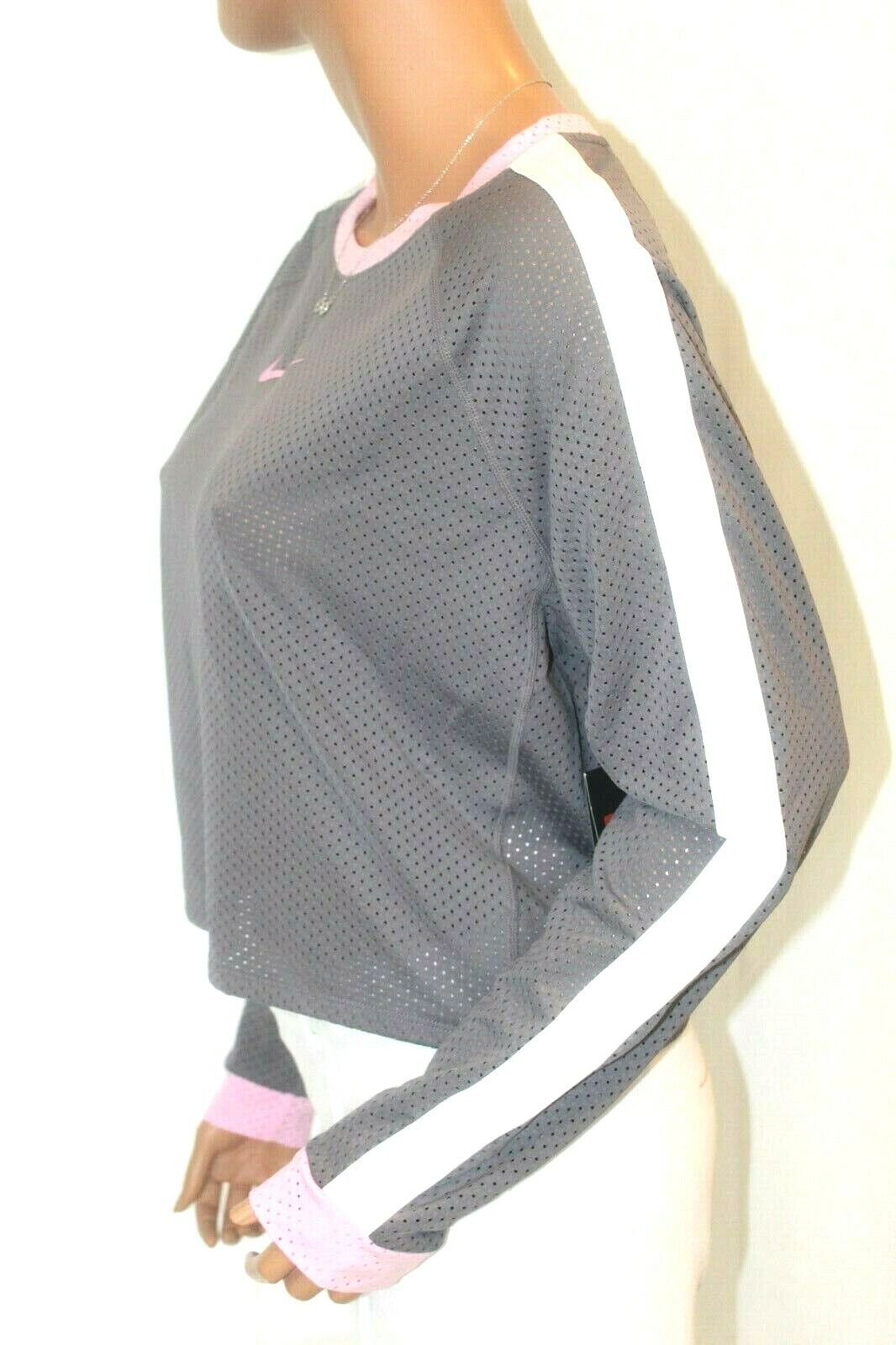 *NWT* $50. NIKE Women's DRI FIT Running Gray Mesh Long Sleeve Shirt Logo Sz LG