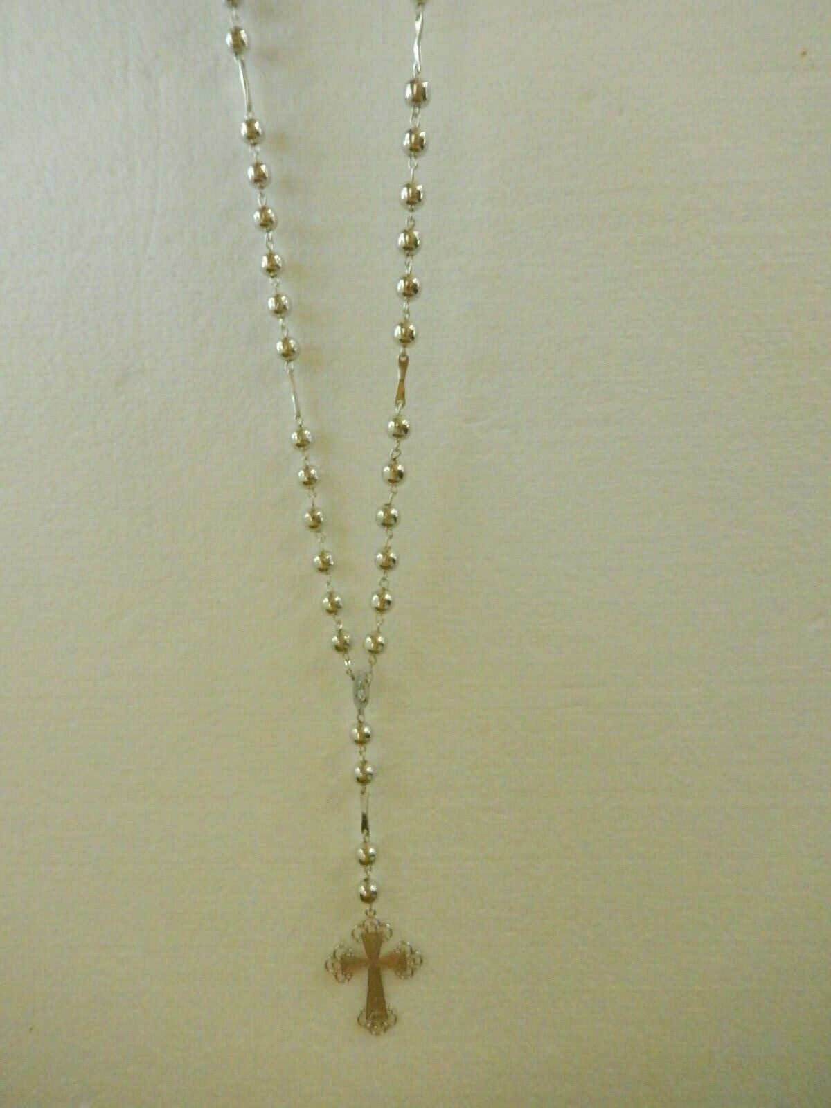 LARGE 30" VINTAGE Italian 10mm Sterling Silver Bead Rosary Prayer Necklace Rare