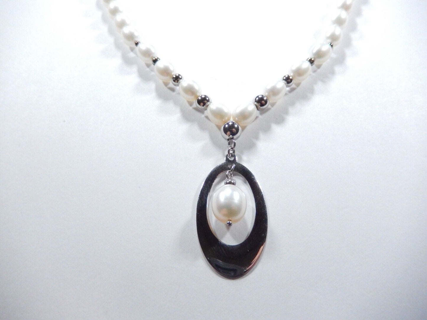 Real 7mm x 6.5mm Oval Pearls &Sterling Silver Beads 17" Necklace w/Pearl Pendant