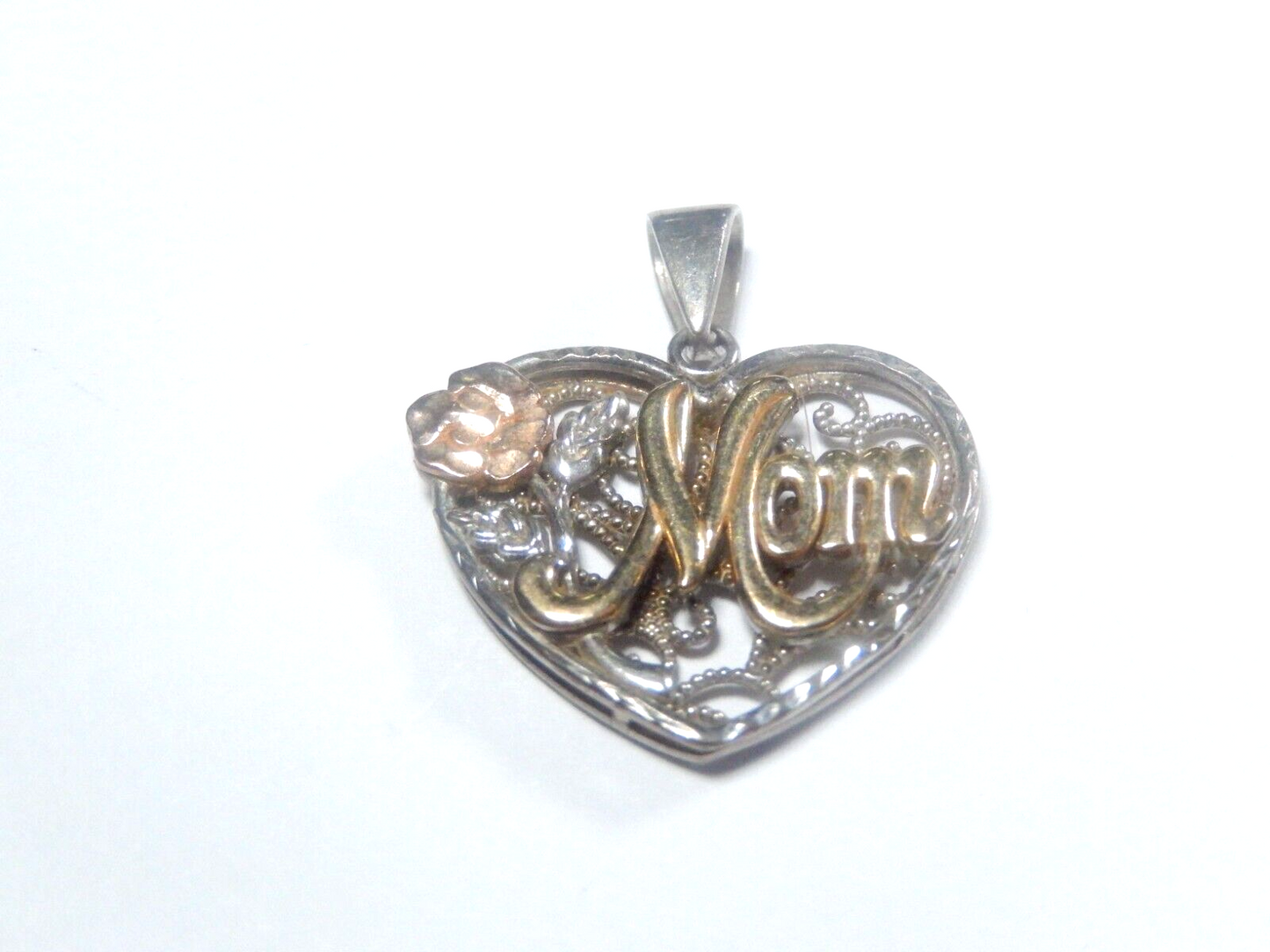 *VINTAGE*   10K Yellow Gold Mom & Rose with Sterling Silver  Heart Pendant