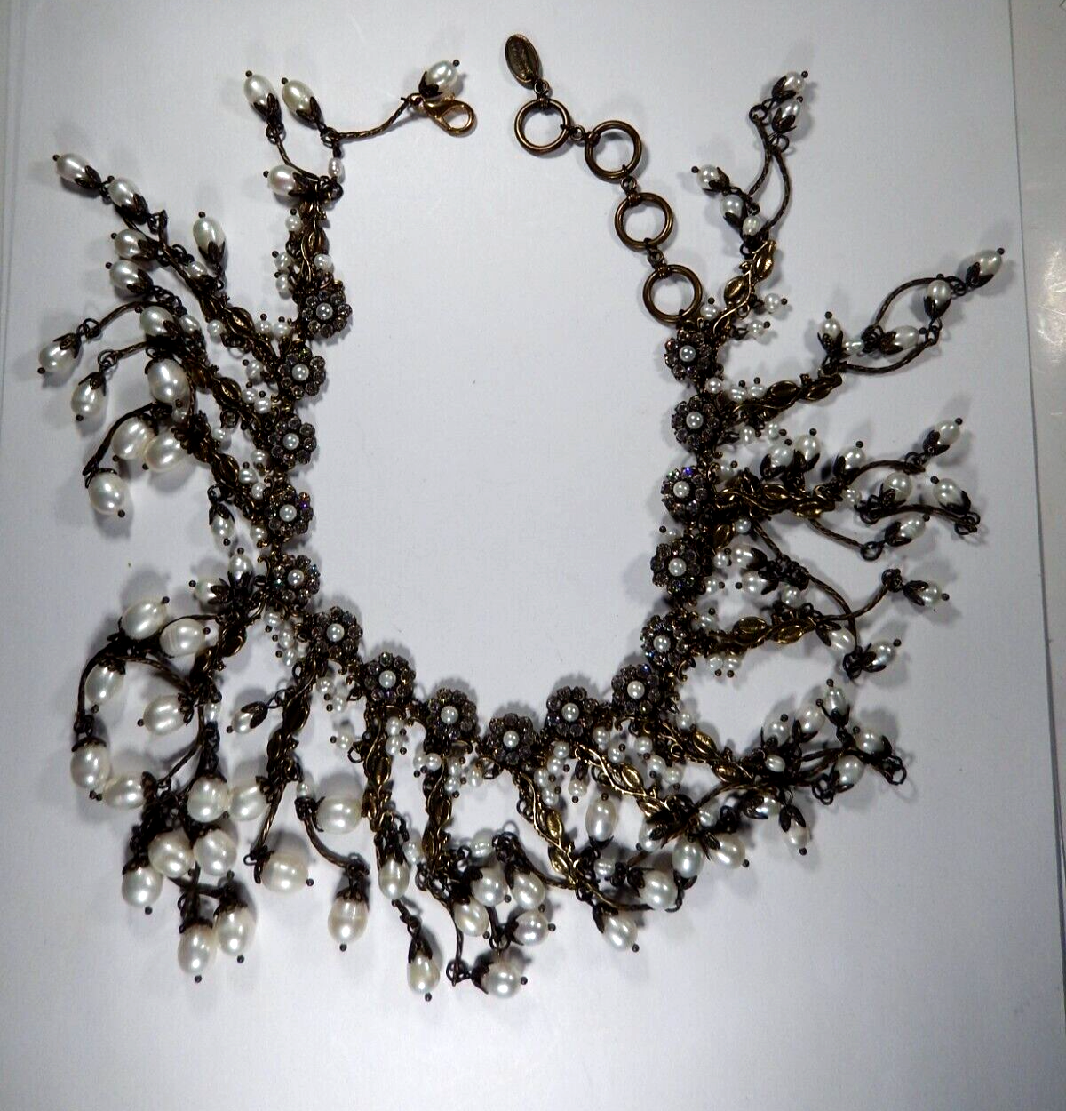 *VINTAGE*  Kenny Ma San Francisco 13" Necklace Flowers White Pearls Rhinestones