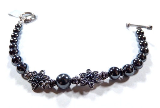 Oxidized Sterling Silver  Marcasite Crystals & 6.5mm Hematite Beaded 7" Bracelet