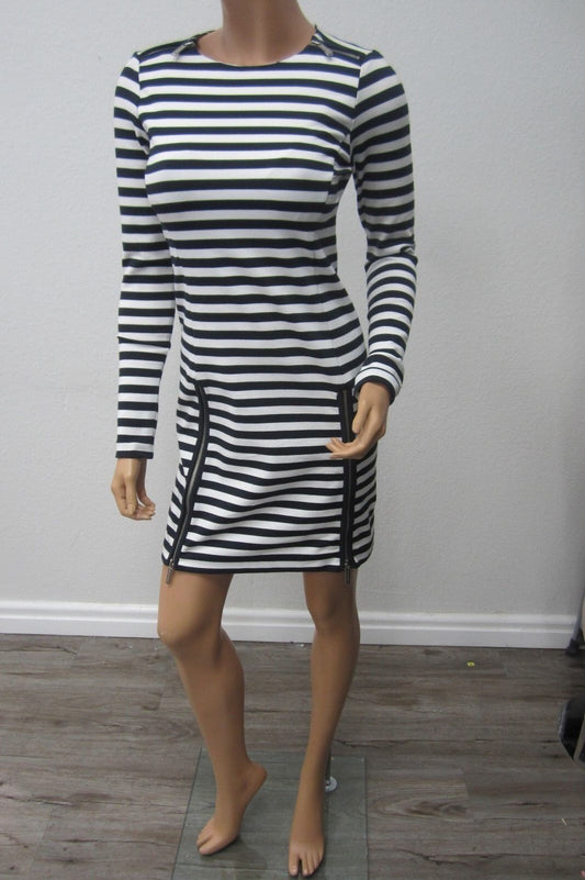 NWT $150 MICHAEL KORS  Long Sleeve Striped Zipper Dress New Navy White Size XXS
