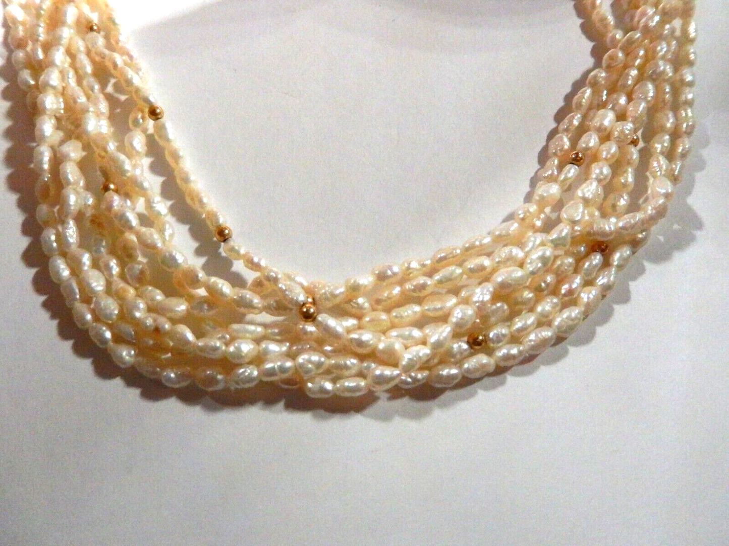 14K Solid Gold Bead Accent 7 Strand Freshwater Rice Pearl Necklace 18"”