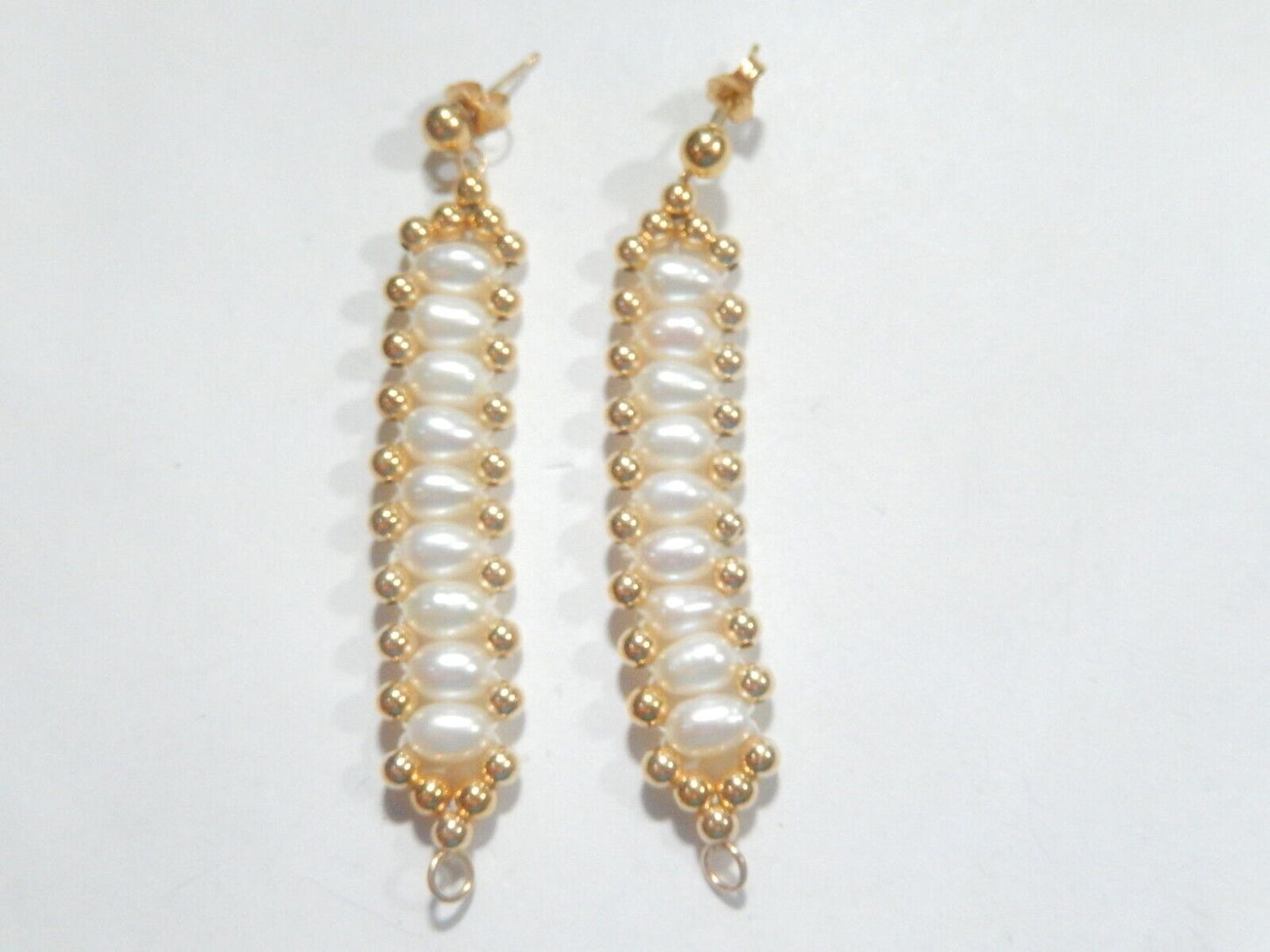 14K Yellow Gold Beaded and White Freshwater PEARLS Double Strand Dangle EARRINGS