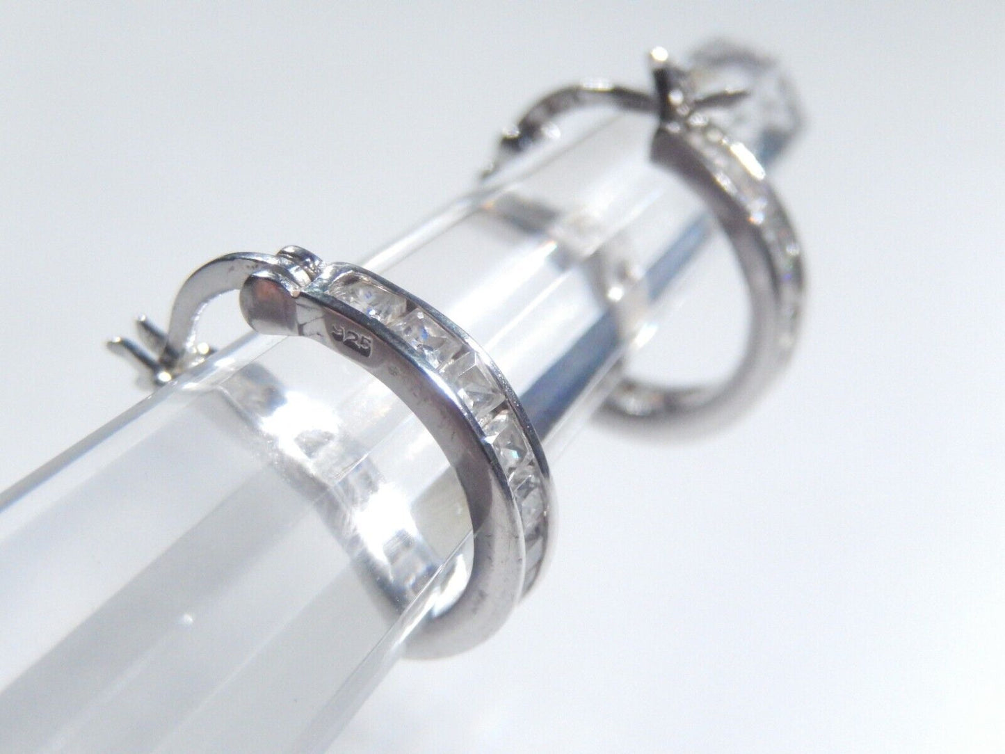 *VINTAGE*  925 Sterling Silver 2.00 CT CZ Princess Cut 16mm Hoop Earrings
