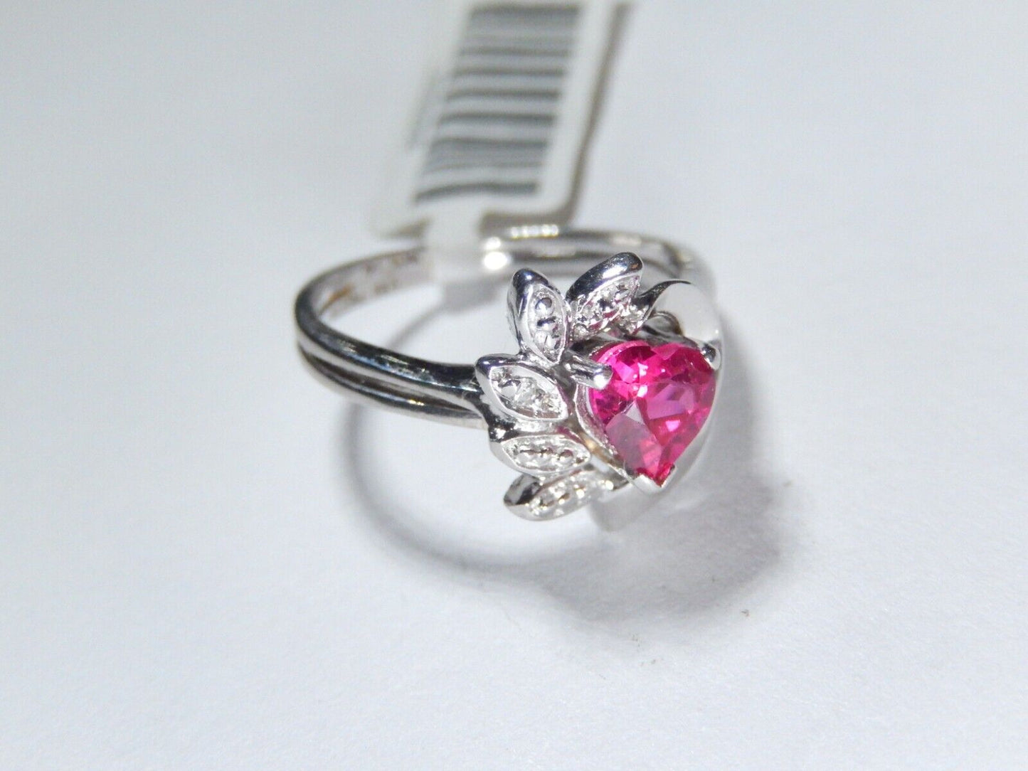 *NWT* 10K White Gold Heart Lab Created Ruby & Natural Diamond Ring Sz 5.5