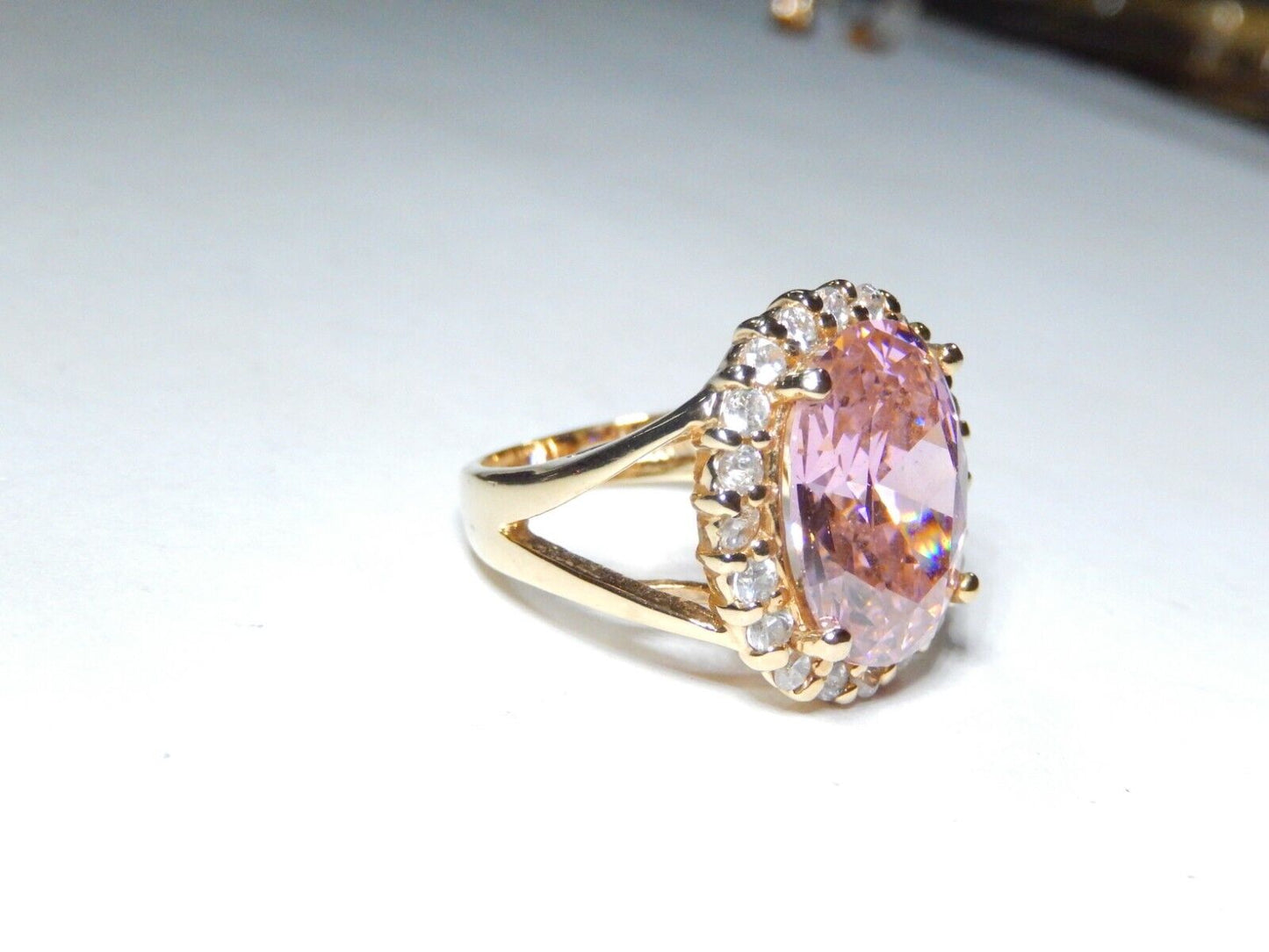 *VINTAGE* Sterling Gold Vermeil CZ Pink & White 13.0CT Oval Cocktail Ring Sz 6.5