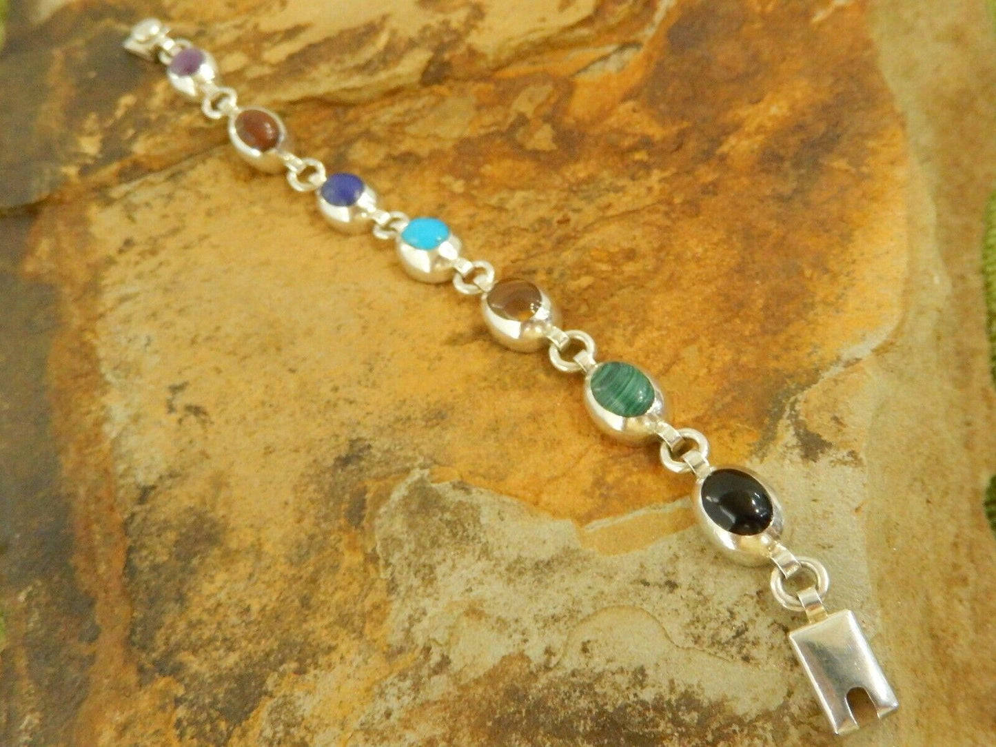 Vintage MEXICO TAXCO 925 Sterling Silver Bracelet Multi Gem Link Bracelet 7"