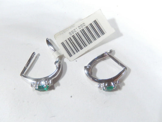 10K White Gold Lab Created Emerald & Real Diamond Huggies Hoop Earrings