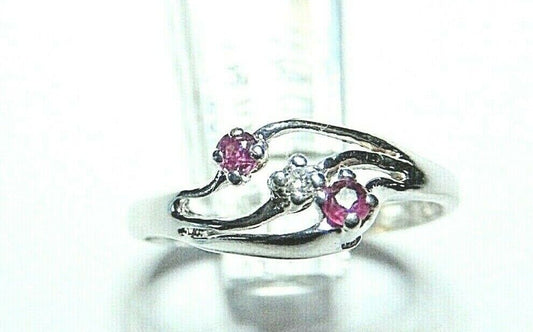 *NWT*  10k White Gold Three Stone Ruby & Genuine Diamond Ring Size 6