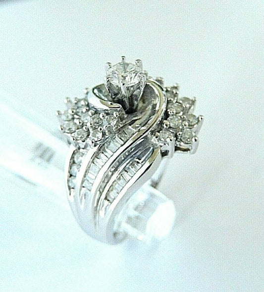 1.25Ct Natural Round & Baguette Diamond  Engagement Ring In 14K White Gold Sz 7