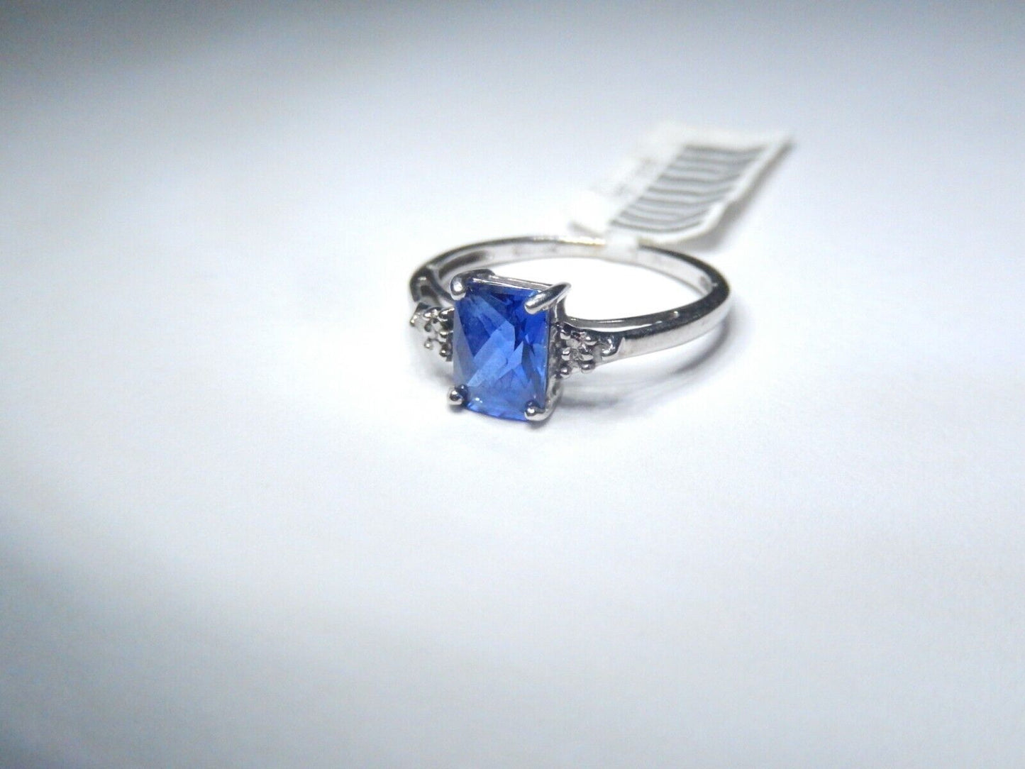*VINTAGE* 10k White Gold Lab Created Checkerboard Cut Sapphire &Diamond Ring 5.5