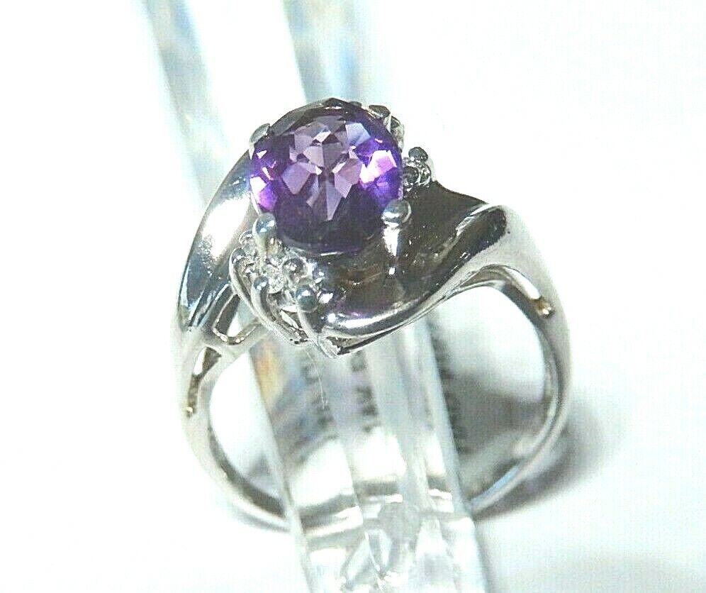 *NWT* 14k White Gold 1.50 CT Oval Amethyst & Diamond Bypass Ring Size 6.5