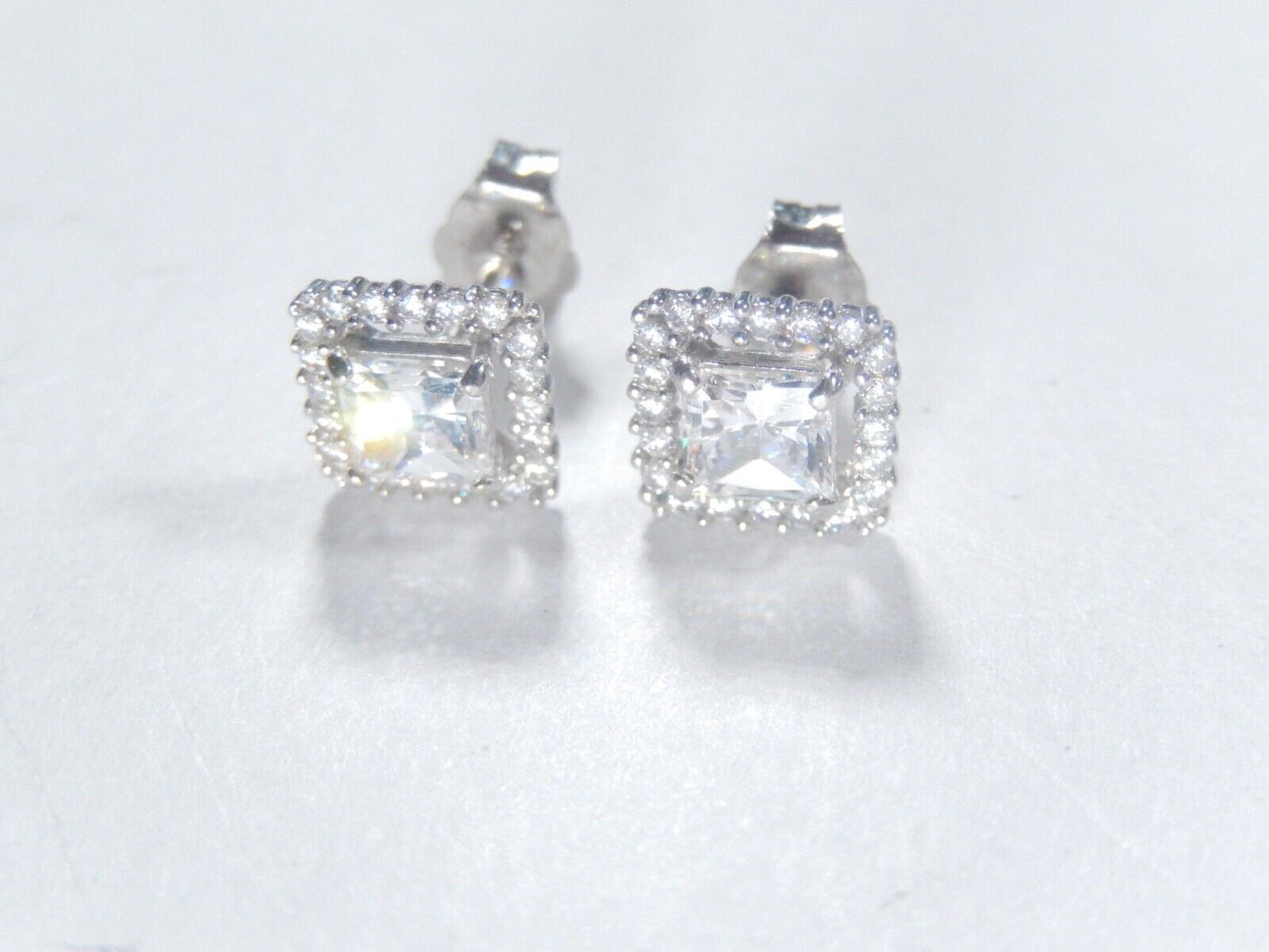*VINTAGE*  14K White Gold Princess Cut CZ Halo Ear Studs