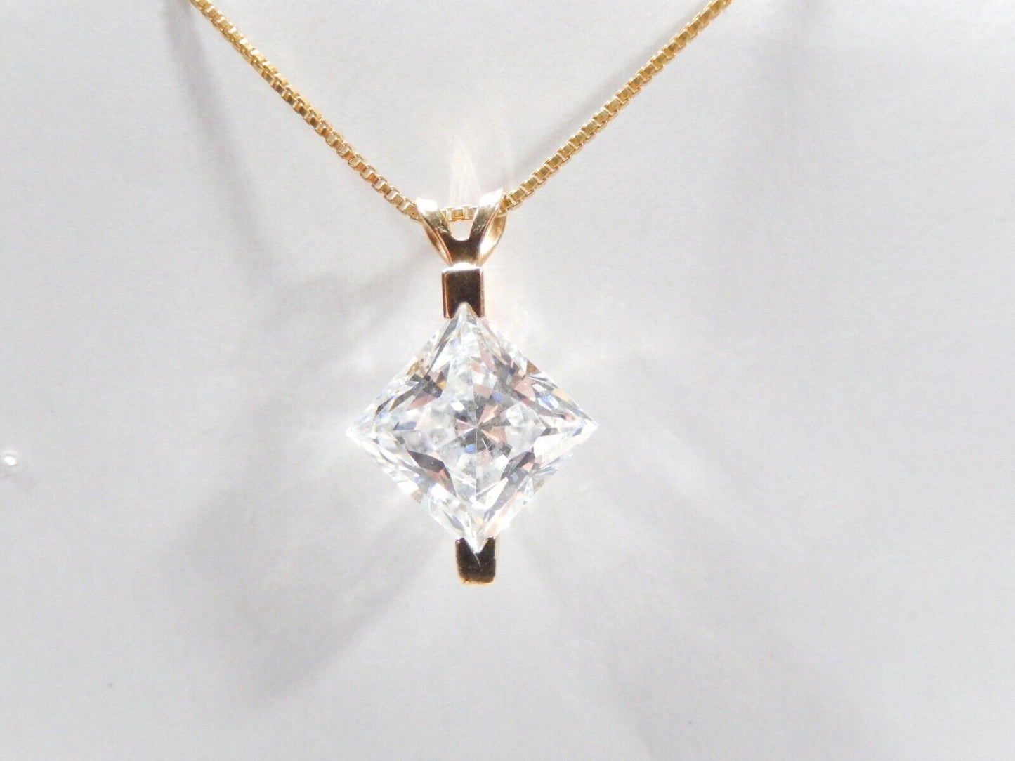 14K Real Solid Yellow Gold 3.0 CT Princess Cut Solitaire CZ Pendant w/18"chain