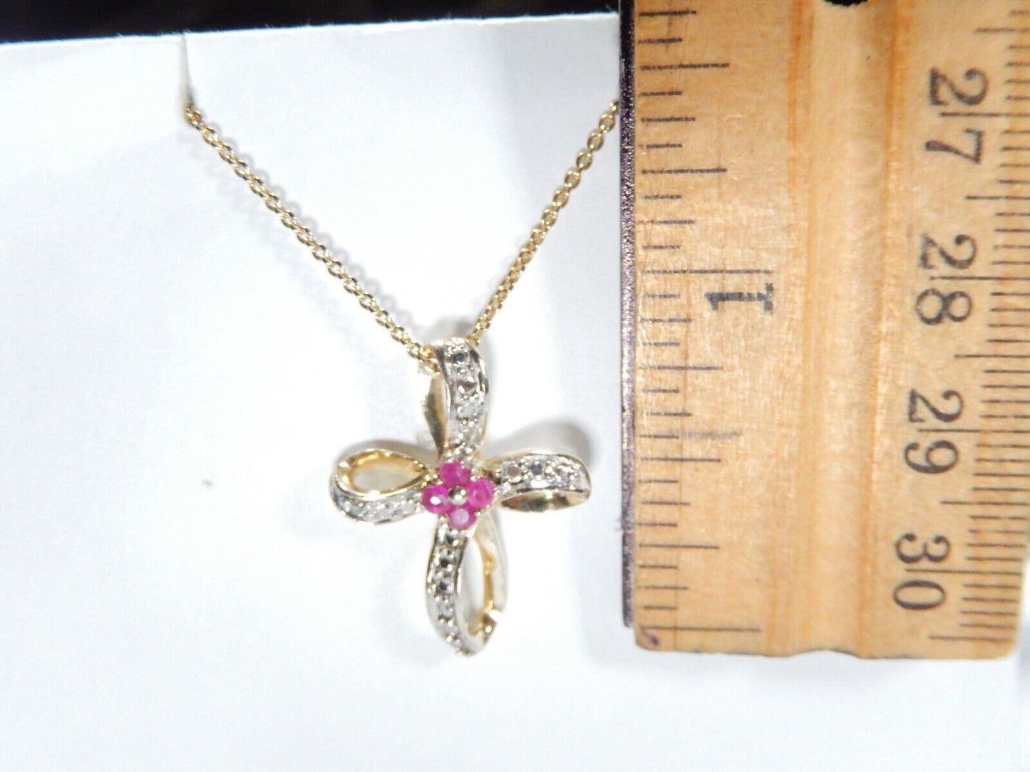 *VINTAGE* Gold Vermeil Sterling Ribbon Cross Natural Ruby Pendant w/16"chain