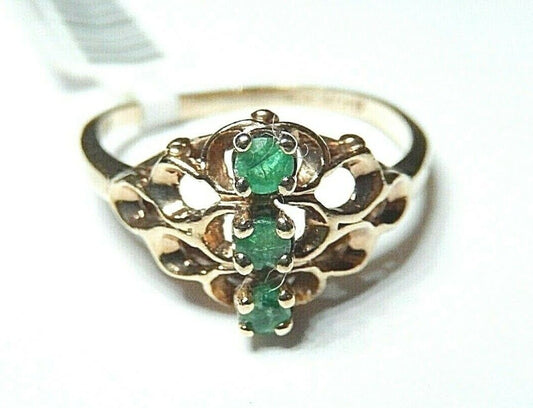 *VINTAGE* 10k Yellow Gold Emerald Three Stone Open Scroll Design Ring Size 6.5
