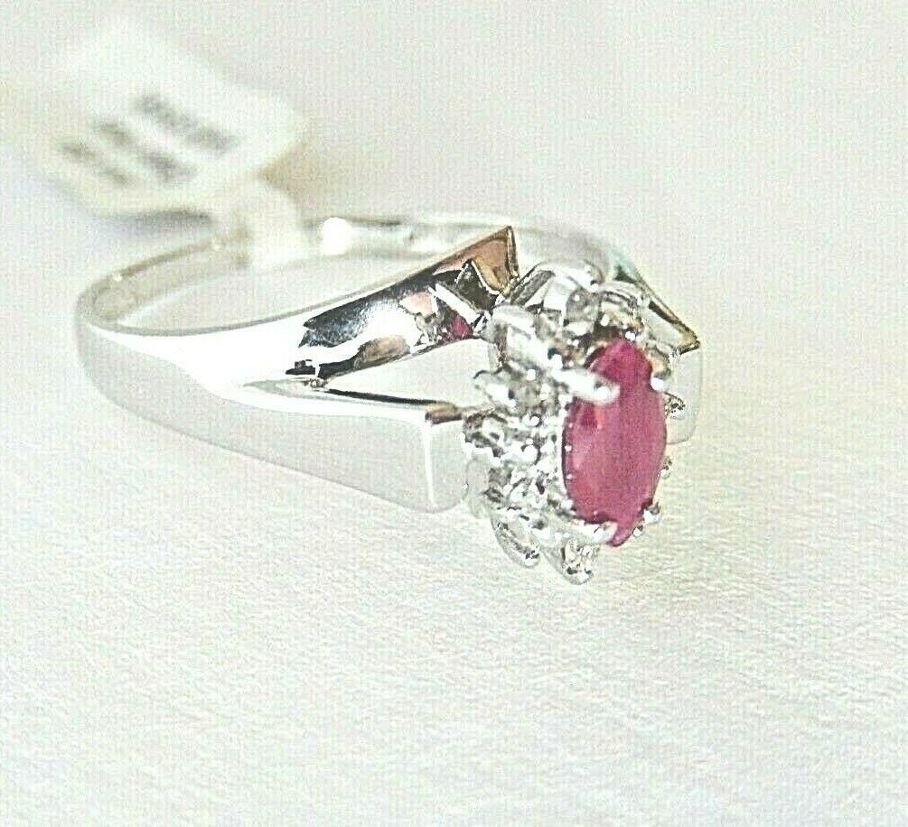 *NWT* 14K WHITE GOLD  NATURAL MARQUISE RUBY AND DIAMOND HALO RING SIZE-7.5