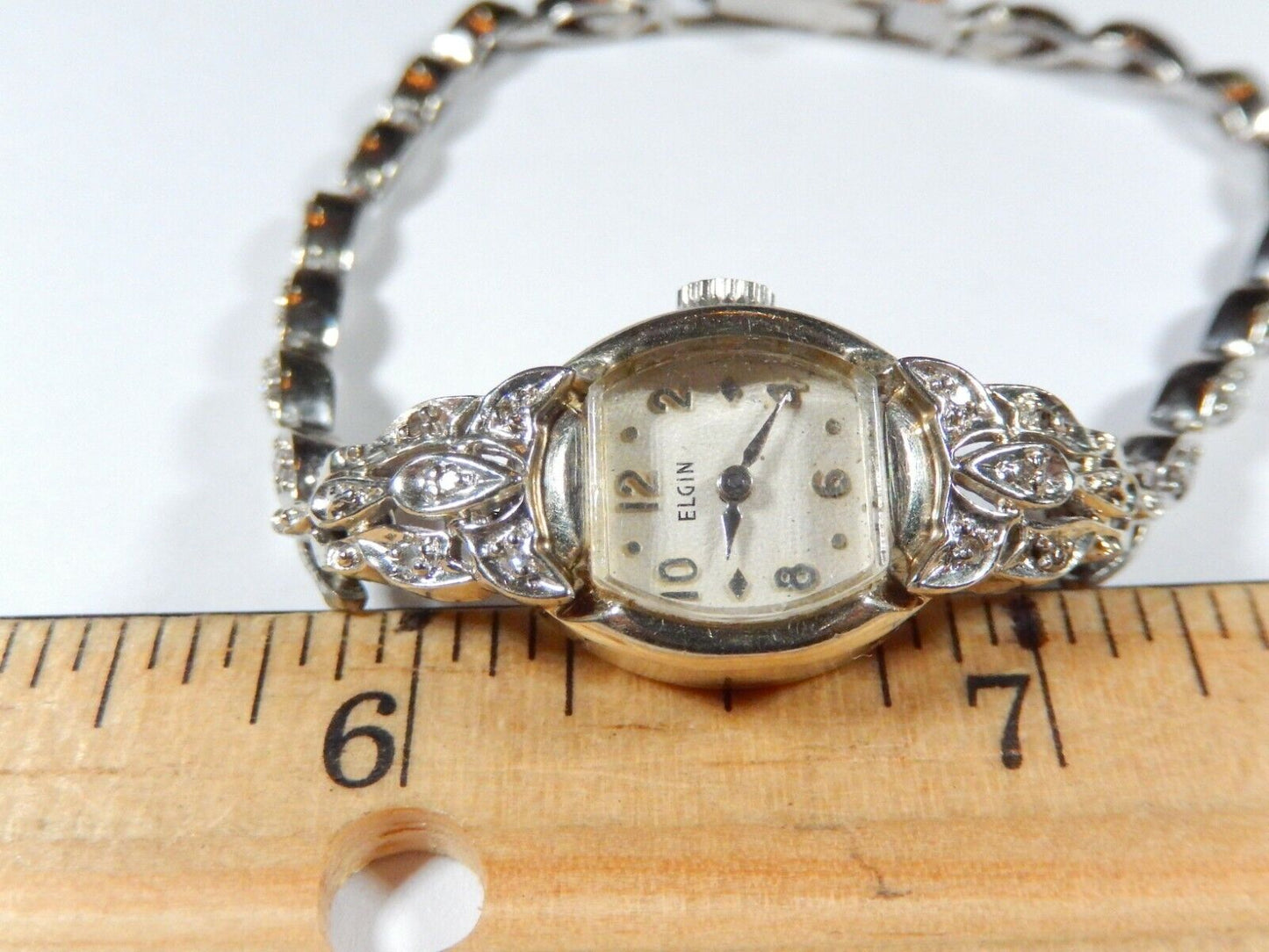 *VINTAGE* Ladies Elgin 14k White Gold Diamond Watch & 14K Diamond Band - Runs