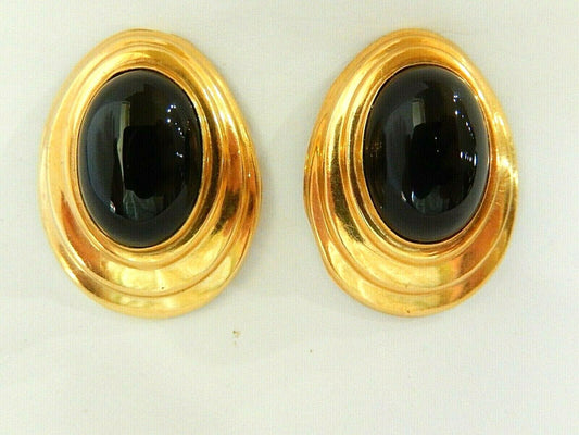 *VINTAGE* 14K Yellow Gold Large Oval Black Onyx Bezel Set Earrings 25mm x 19mm
