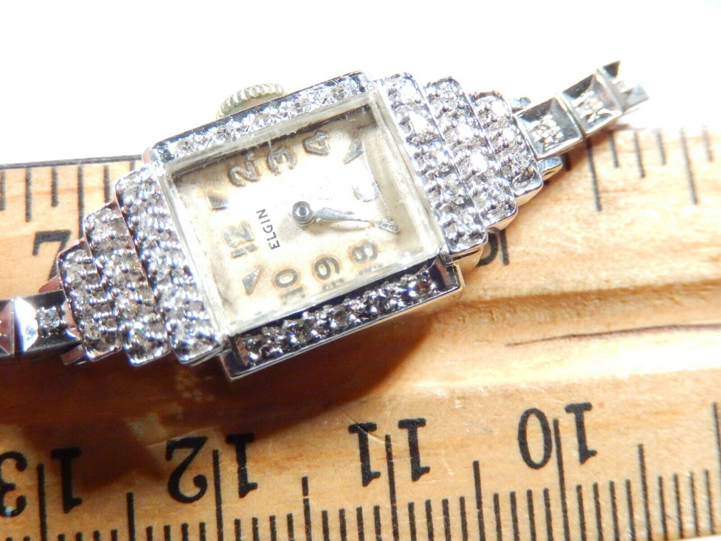 *VINTAGE* ELGIN Ladies 14K White Gold 70 Diamond Wristwatch W/Diamond 14K Band