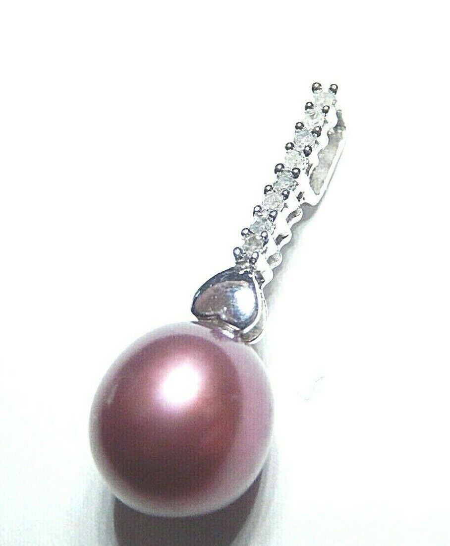 *NWT* 10k Solid White Gold Real Purple 8.5mm Pearl & 8 Diamond Pendant 1" Tall