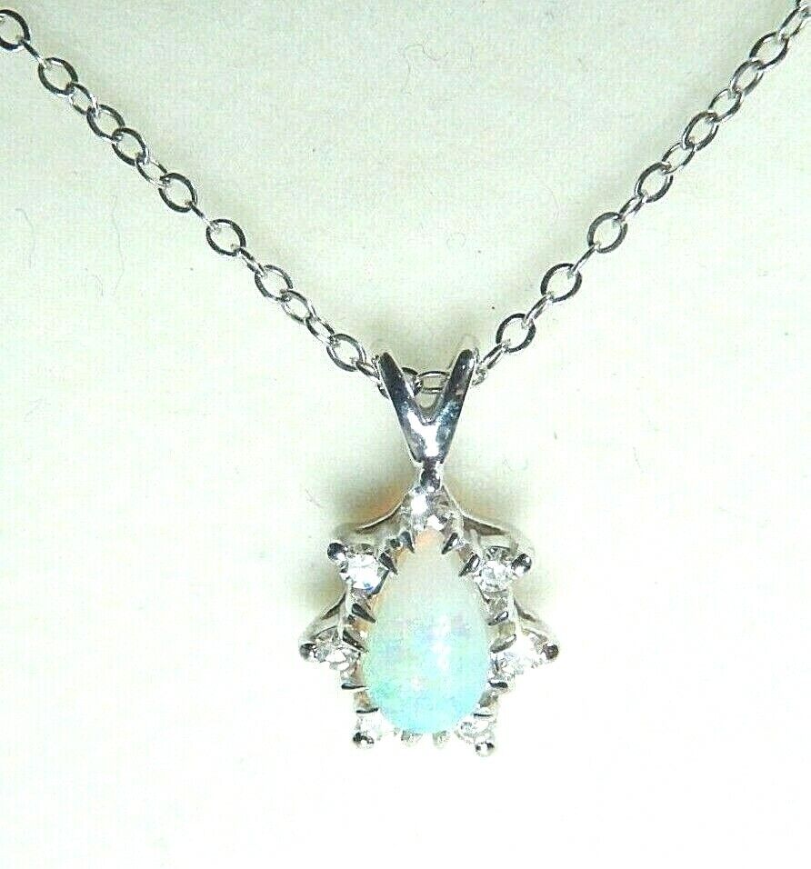 *VINTAGE*  14K WHITE GOLD  PEAR CABOCHON OPAL SINGLE CUT DIAMOND HALO PENDANT