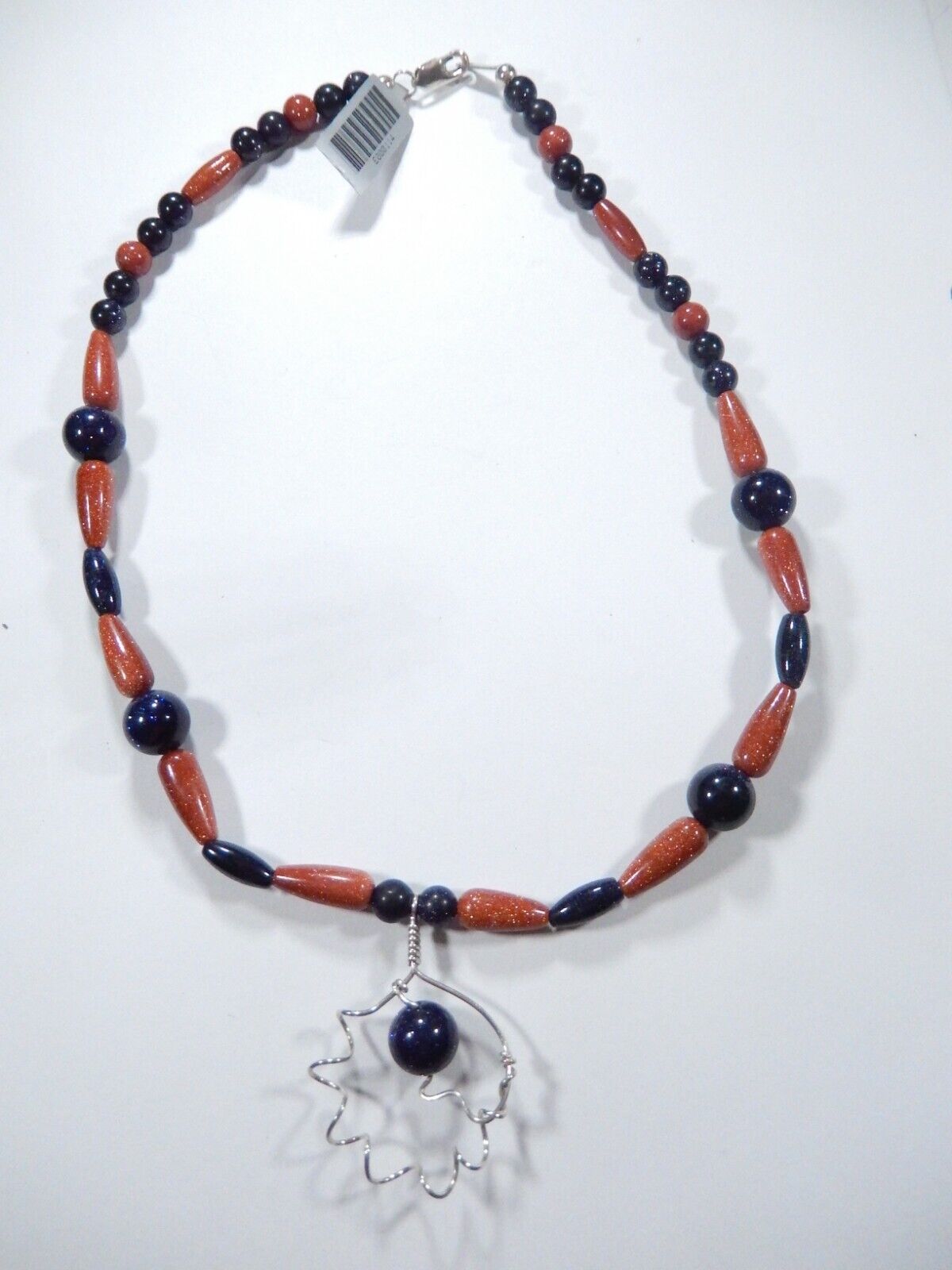 *VINTAGE*   16" Goldstone Bead Necklace With Sterling Silver Pendant & Clasp