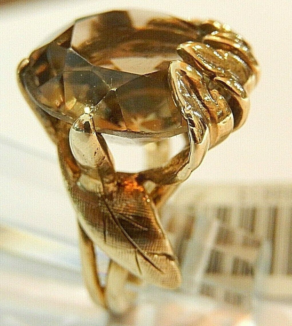 *VINTAGE* Ladies 10k Yellow Gold 10CT 15.82mm Round Smokey Quartz Ring Size 4