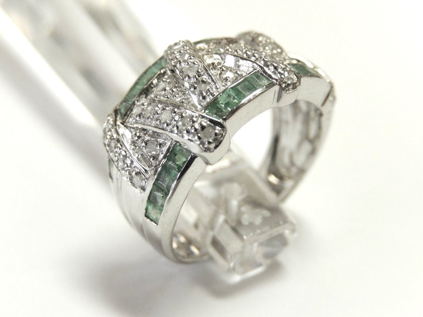 ELITE 14K WHITE GOLD GREEN EMERALD AND ROUND CUT DIAMONDS RING ART DECO SIZE 7