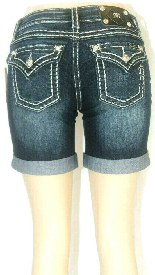 NWT*Miss Me Women's Thick Stitched Mid Rise Dark Wash Mid Thigh Shorts JY5014D58
