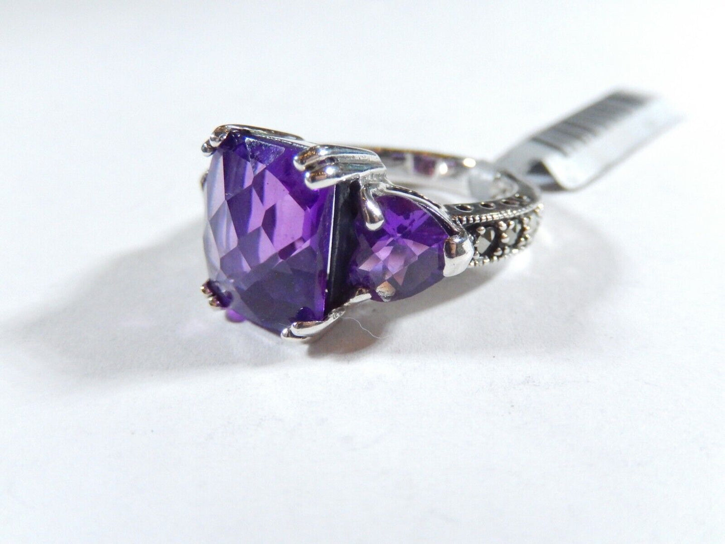 *VINTAGE*  Sterling Silver 8.00 CT Checkerboard Amethyst Three Stone Ring Size 7