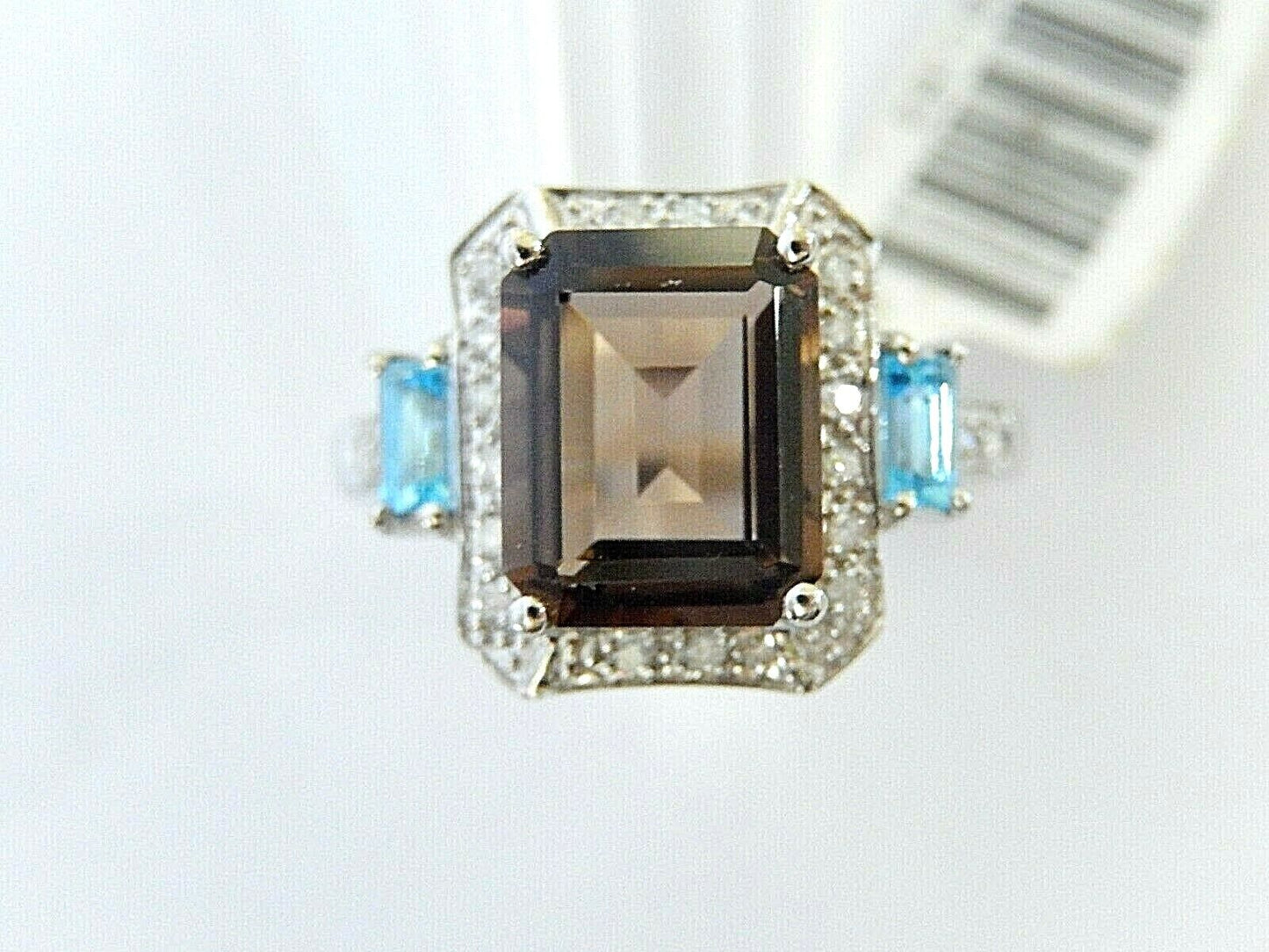 14K White Gold Smoky Quartz / Blue Topaz & Diamond Halo Ring Size 7.5