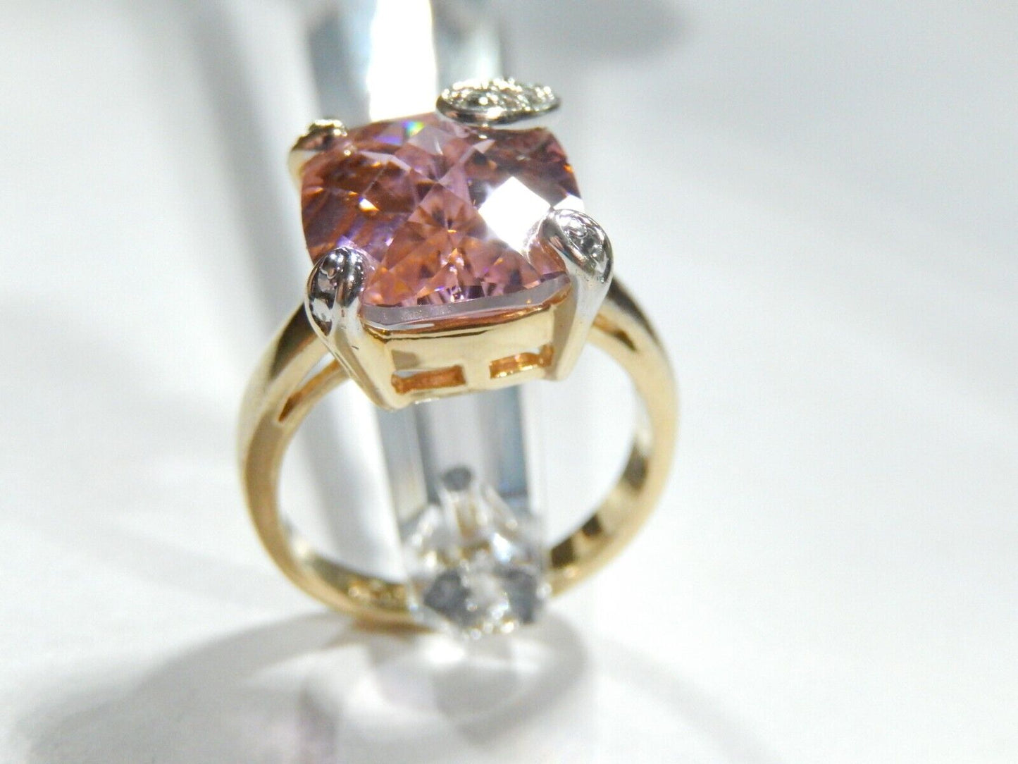 *VINTAGE*  Sterling Gold Vermeil CZ Pink 16.0CT Rectangle Cocktail Ring Size 8