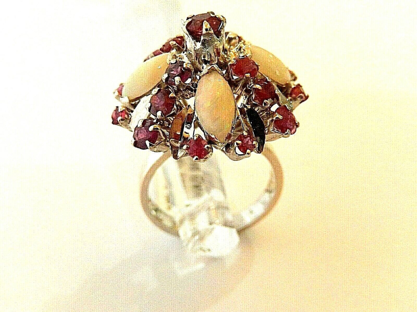 *Vintage* 12k White Gold Natural Opal & Ruby Harem Ballerina Ring size 6.5