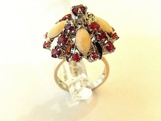 *Vintage* 12k White Gold Natural Opal & Ruby Harem Ballerina Ring size 6.5