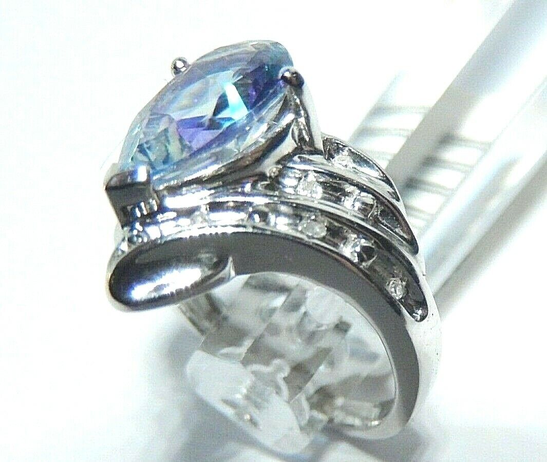 *NWT*  10K White Gold 2CT Pear Shape Mystic Topaz & Diamond Ring Size 3.25