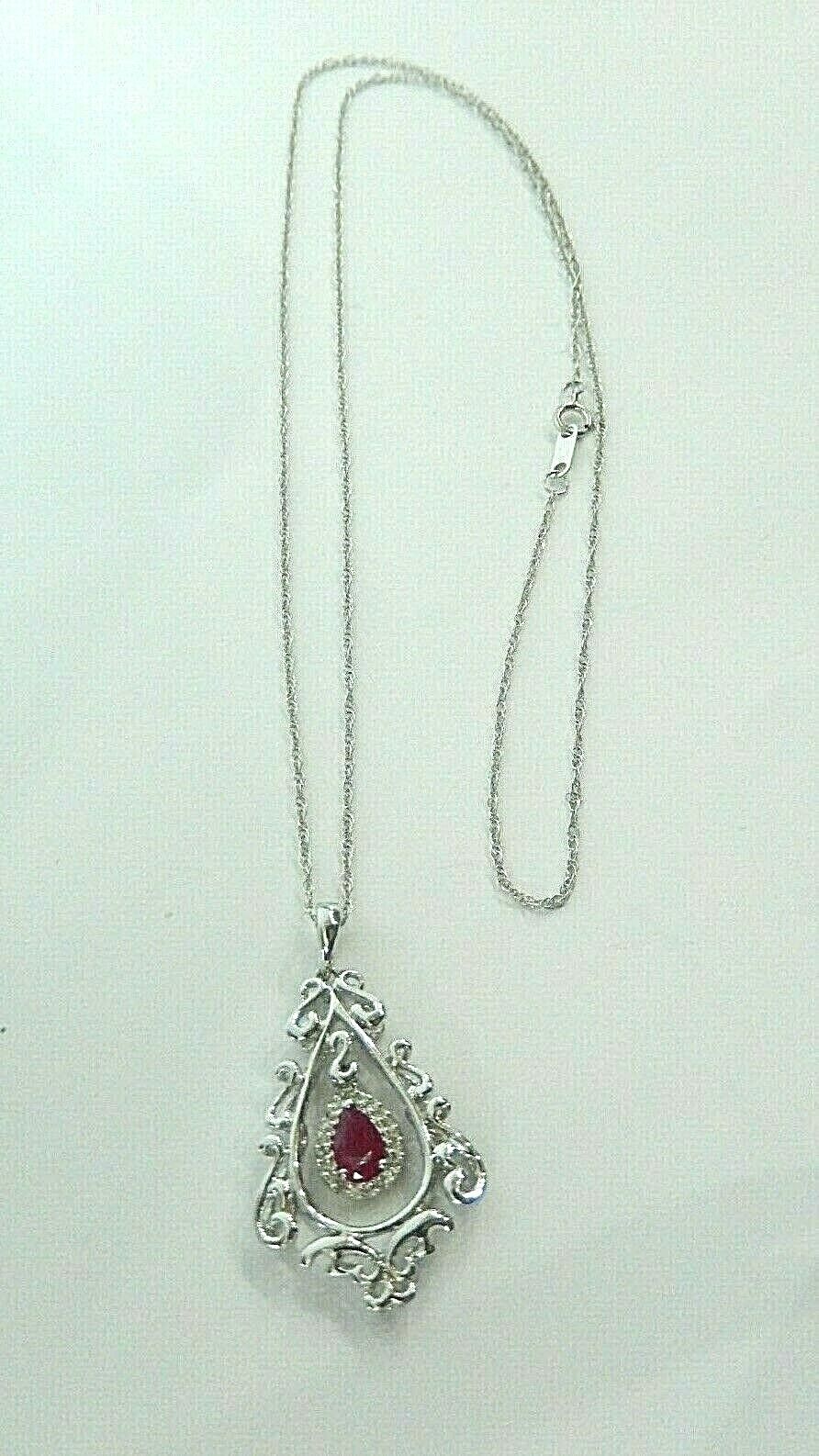 14K White Gold Natural Ruby & Diamond Scroll Swivel Pendant w/ 20" Chain